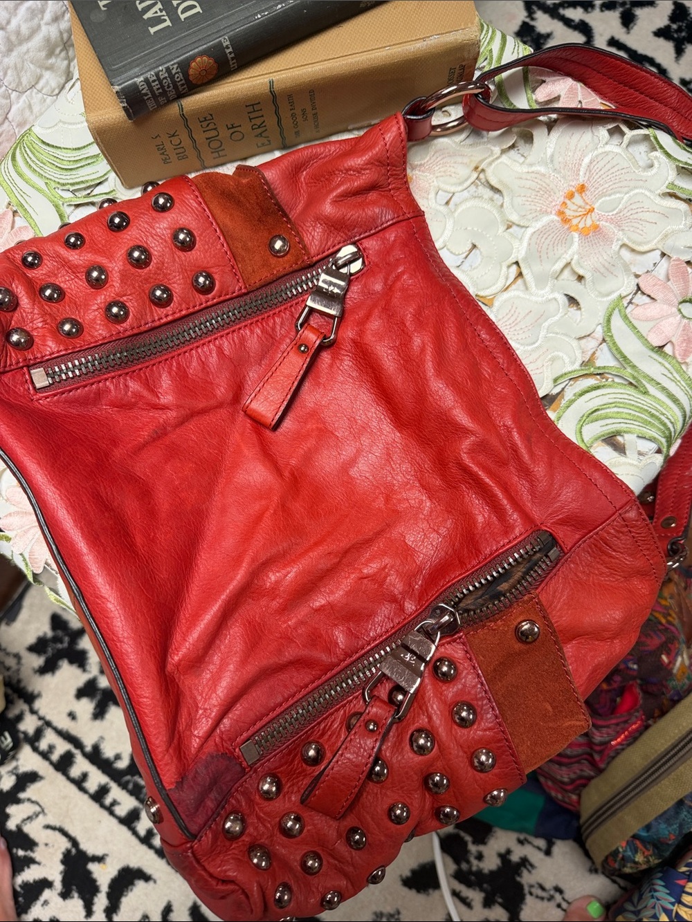 Red Studded Leather Shoulder Bag - Unbranded